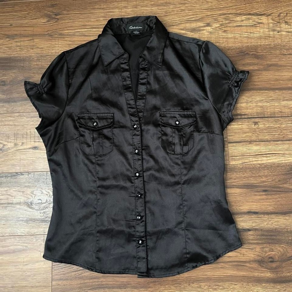 Y2K Seductions Black Satin Button Up‎ Blouse Short Sleeve Fitted Women Medium
